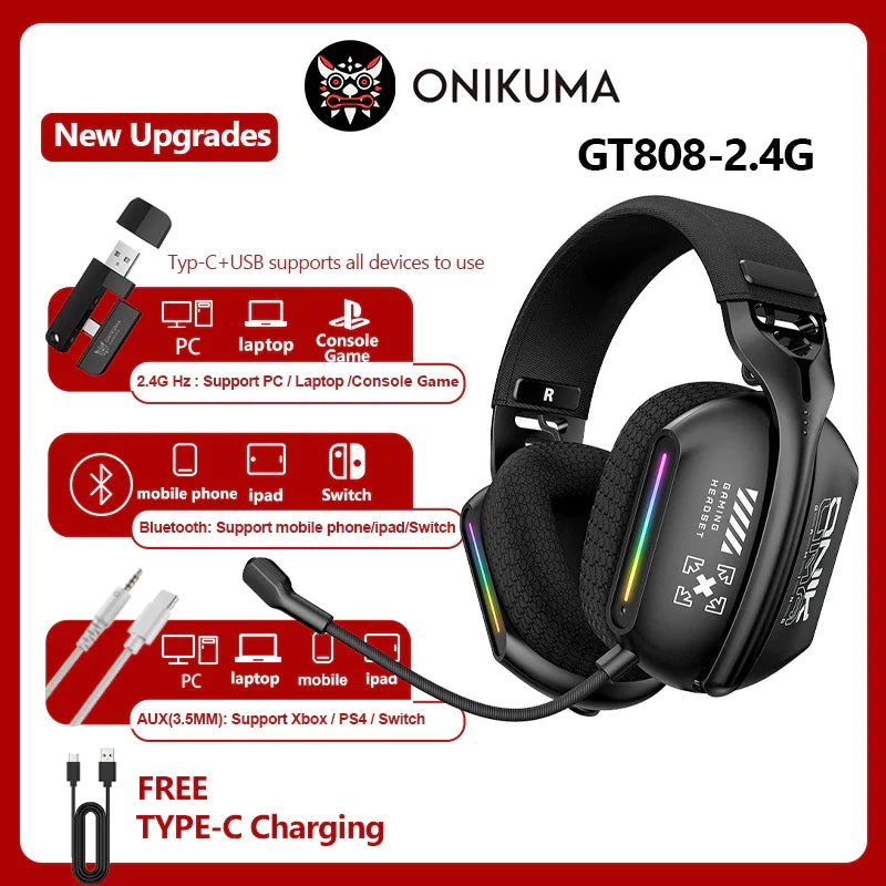 Tri-Mode Wireless Gaming Headset | Bluetooth 5.3 2.4GHz & 3.5mm | ANC RGB Mic