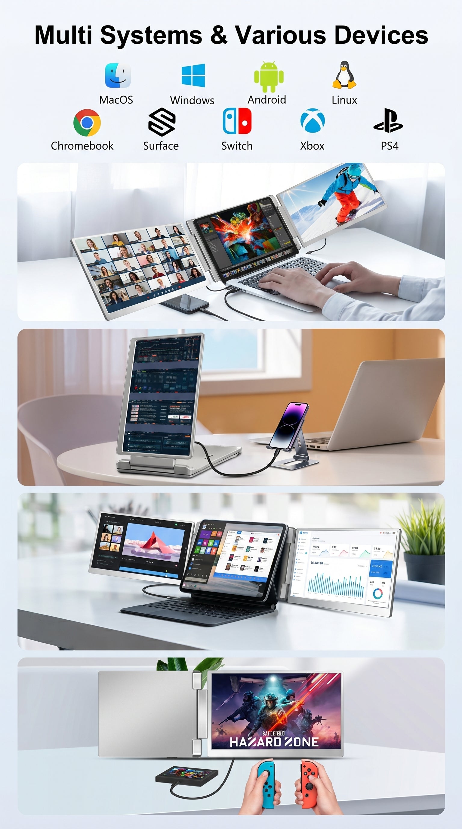 14"-16" Triple Screen Laptop Extender | FHD IPS Portable Dual Monitor | Plug & Play Dual Screen Workstation for Windows, Mac & Gaming