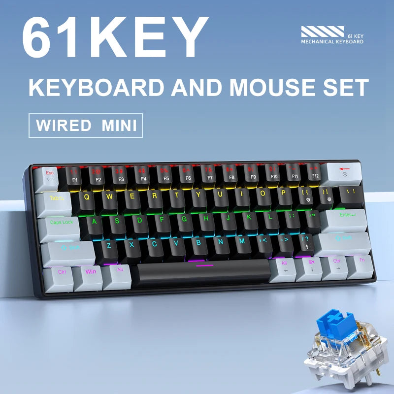 60% Mini Mechanical Gaming Keyboard | 61 Keys Ultra-Compact Wired Type-C Keyboard | Hot-Swappable Red/Blue Switches with RGB Backlit Translucent Keycaps