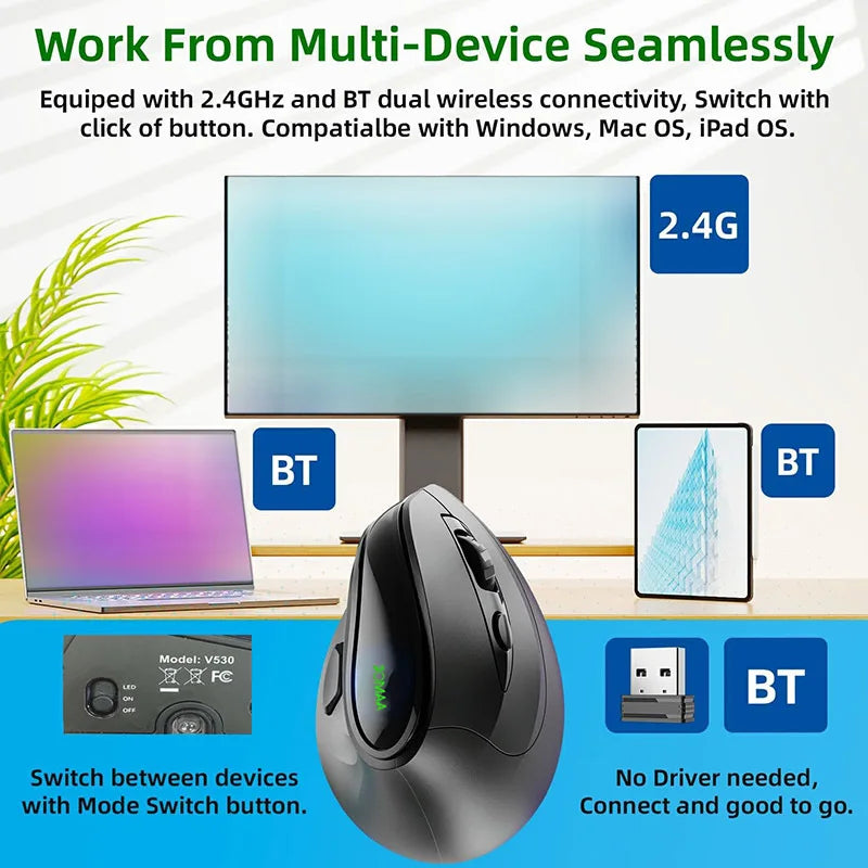 Vertical Wireless Mouse | 9 Buttons Bluetooth 5.1 & 2.4GHz | 4000 DPI Silent RGB