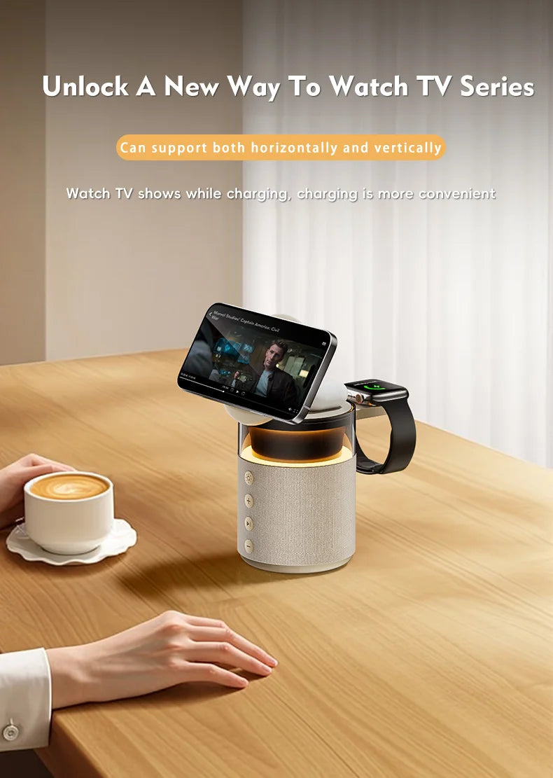 5-in-1 Magnetic Wireless Charging Station with Bluetooth 6.0 Speaker & Night Light | 15W Fast Charging Stand for iPhone, Apple Watch, AirPods | Stepless Dimmable Bedside Lamp