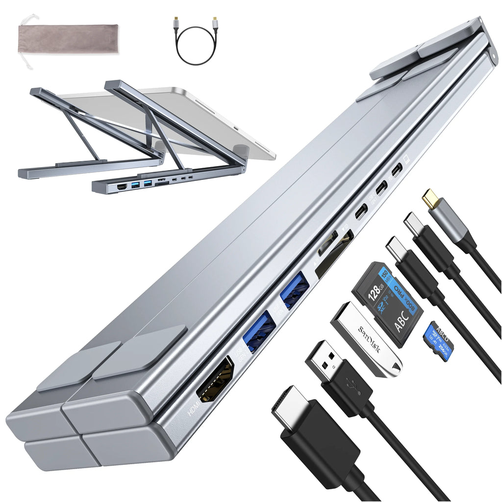 8-in-1 USB-C Hub Laptop Stand | 100W PD Power Delivery, 4K HDMI, 2x USB 3.1, SD/TF Card Reader | Ergonomic Aluminum Foldable Docking Station