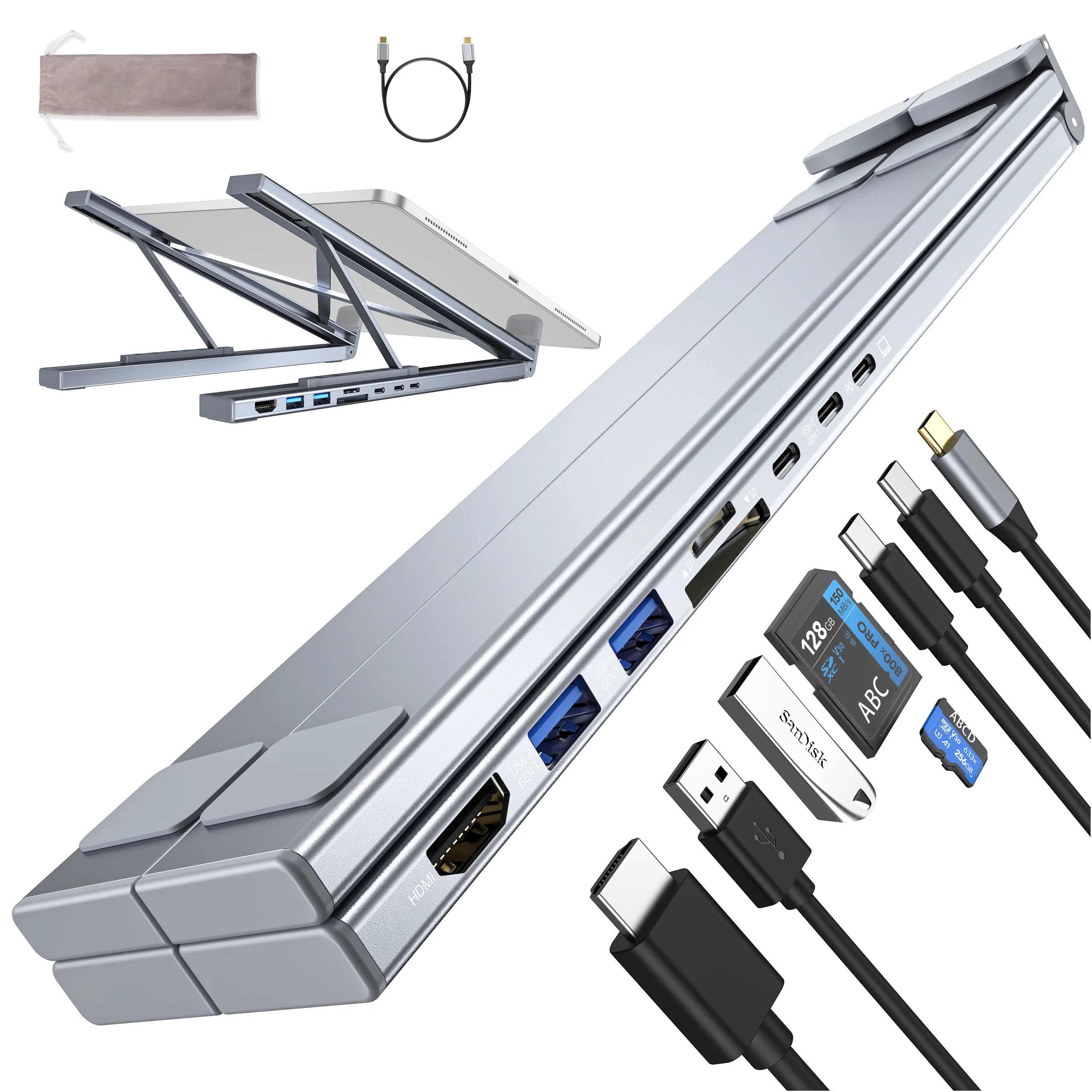 8-in-1 USB-C Hub Laptop Stand | 100W PD Power Delivery, 4K HDMI, 2x USB 3.1, SD/TF Card Reader | Ergonomic Aluminum Foldable Docking Station