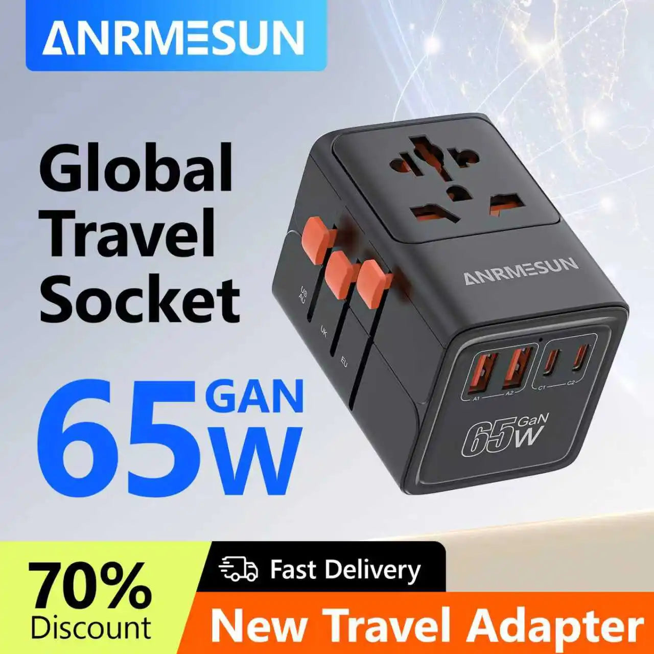Universal Travel Adapter | International Plug Adapter US/UK/EU/AU | 2400W Power Hub with USB-C