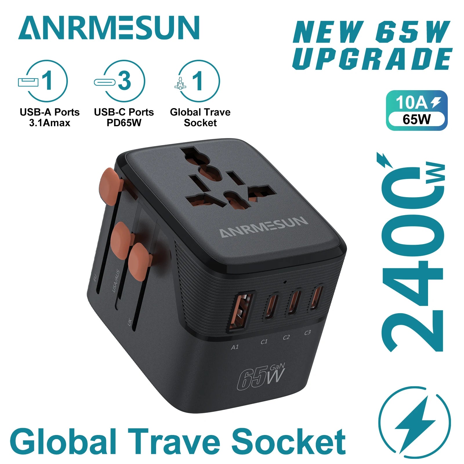 Universal Travel Adapter | International Plug Adapter US/UK/EU/AU | 2400W Power Hub with USB-C