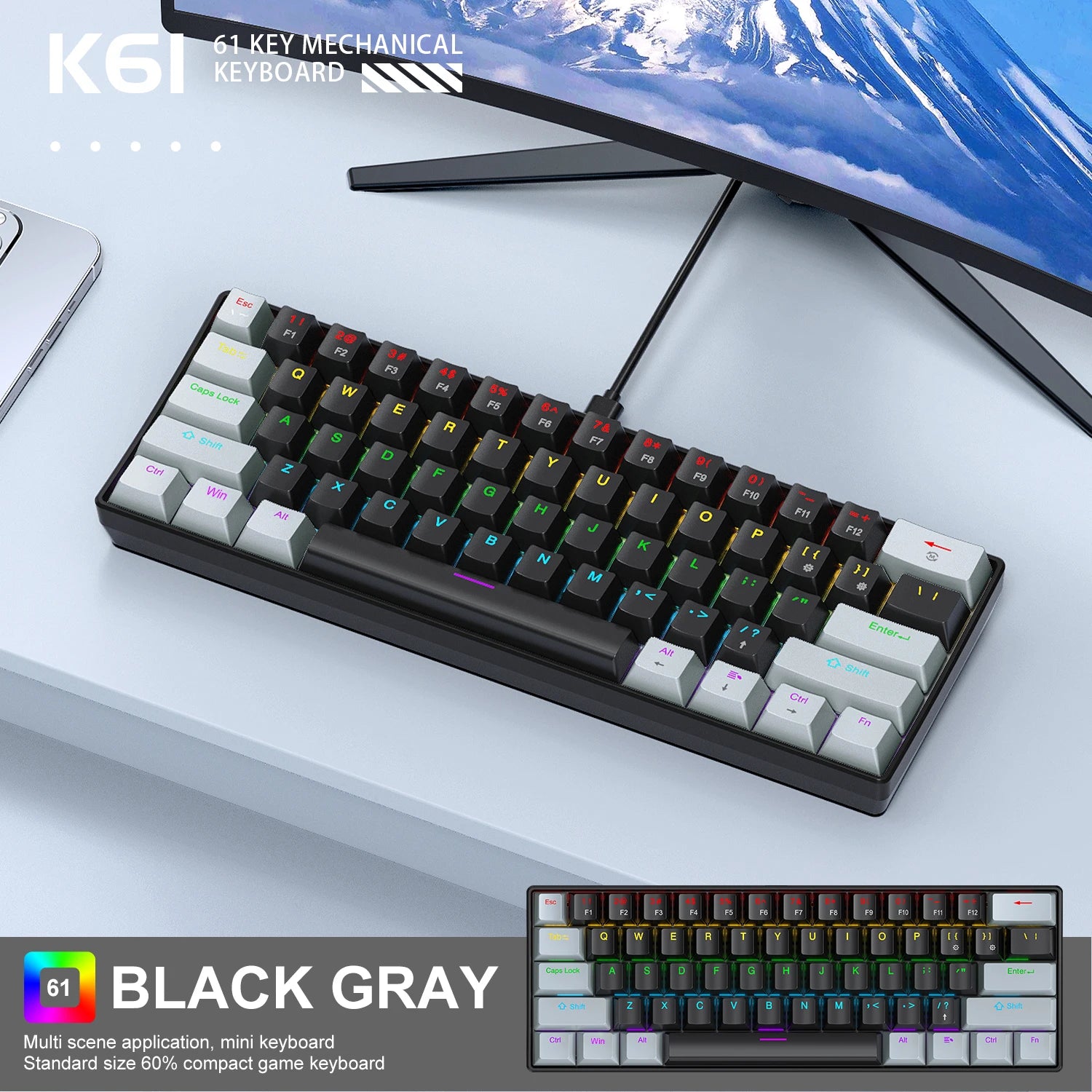 60% Mini Mechanical Gaming Keyboard | 61 Keys Ultra-Compact Wired Type-C Keyboard | Hot-Swappable Red/Blue Switches with RGB Backlit Translucent Keycaps