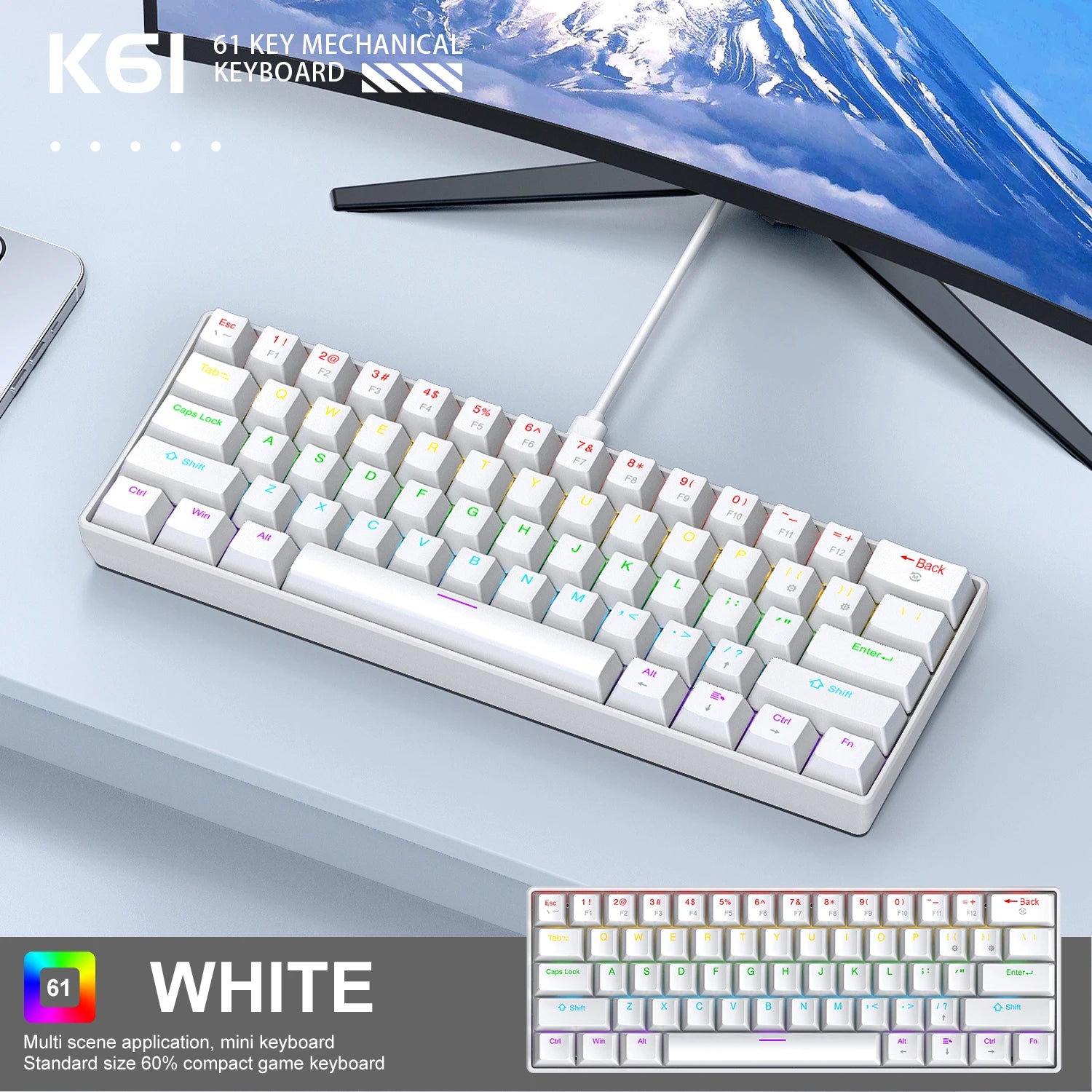 60% Mini Mechanical Gaming Keyboard | 61 Keys Ultra-Compact Wired Type-C Keyboard | Hot-Swappable Red/Blue Switches with RGB Backlit Translucent Keycaps