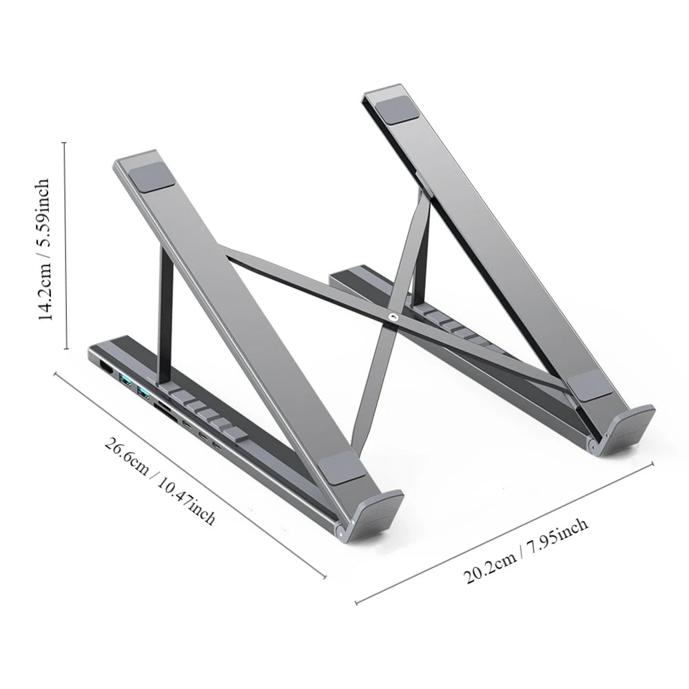 8-in-1 USB-C Hub Laptop Stand | 100W PD Power Delivery, 4K HDMI, 2x USB 3.1, SD/TF Card Reader | Ergonomic Aluminum Foldable Docking Station