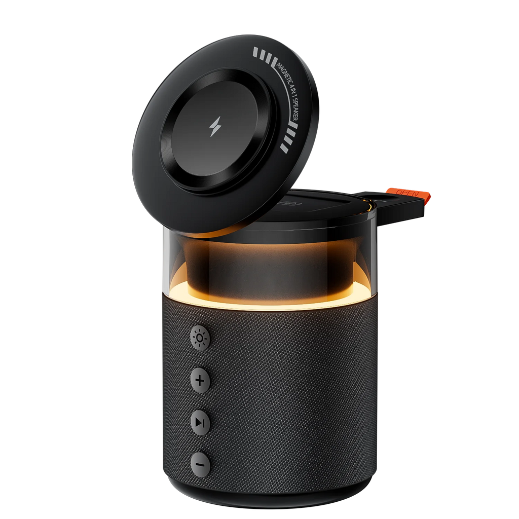 5-in-1 Magnetic Wireless Charging Station with Bluetooth 6.0 Speaker & Night Light | 15W Fast Charging Stand for iPhone, Apple Watch, AirPods | Stepless Dimmable Bedside Lamp