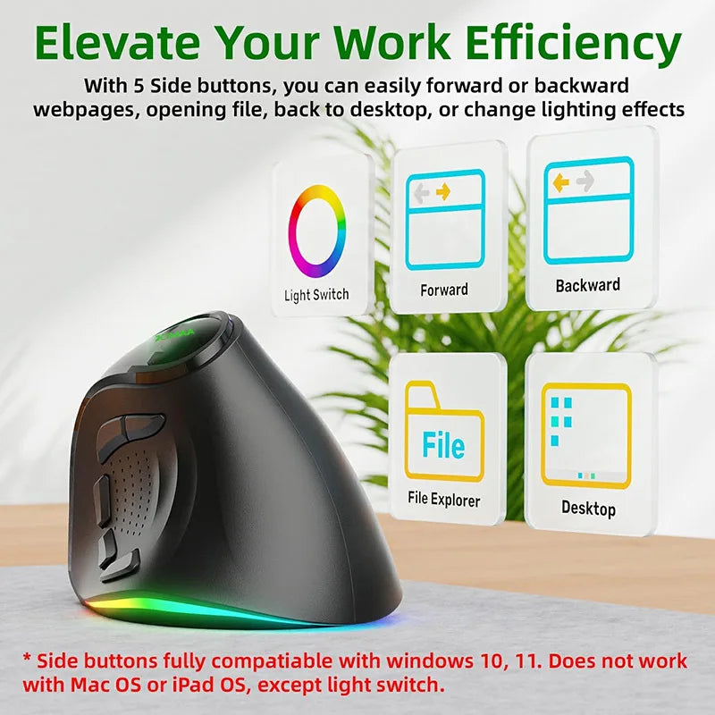 Vertical Wireless Mouse | 9 Buttons Bluetooth 5.1 & 2.4GHz | 4000 DPI Silent RGB