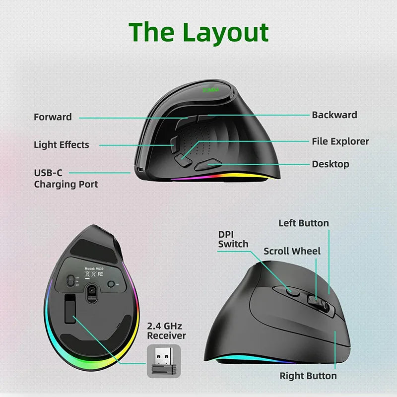 Vertical Wireless Mouse | 9 Buttons Bluetooth 5.1 & 2.4GHz | 4000 DPI Silent RGB