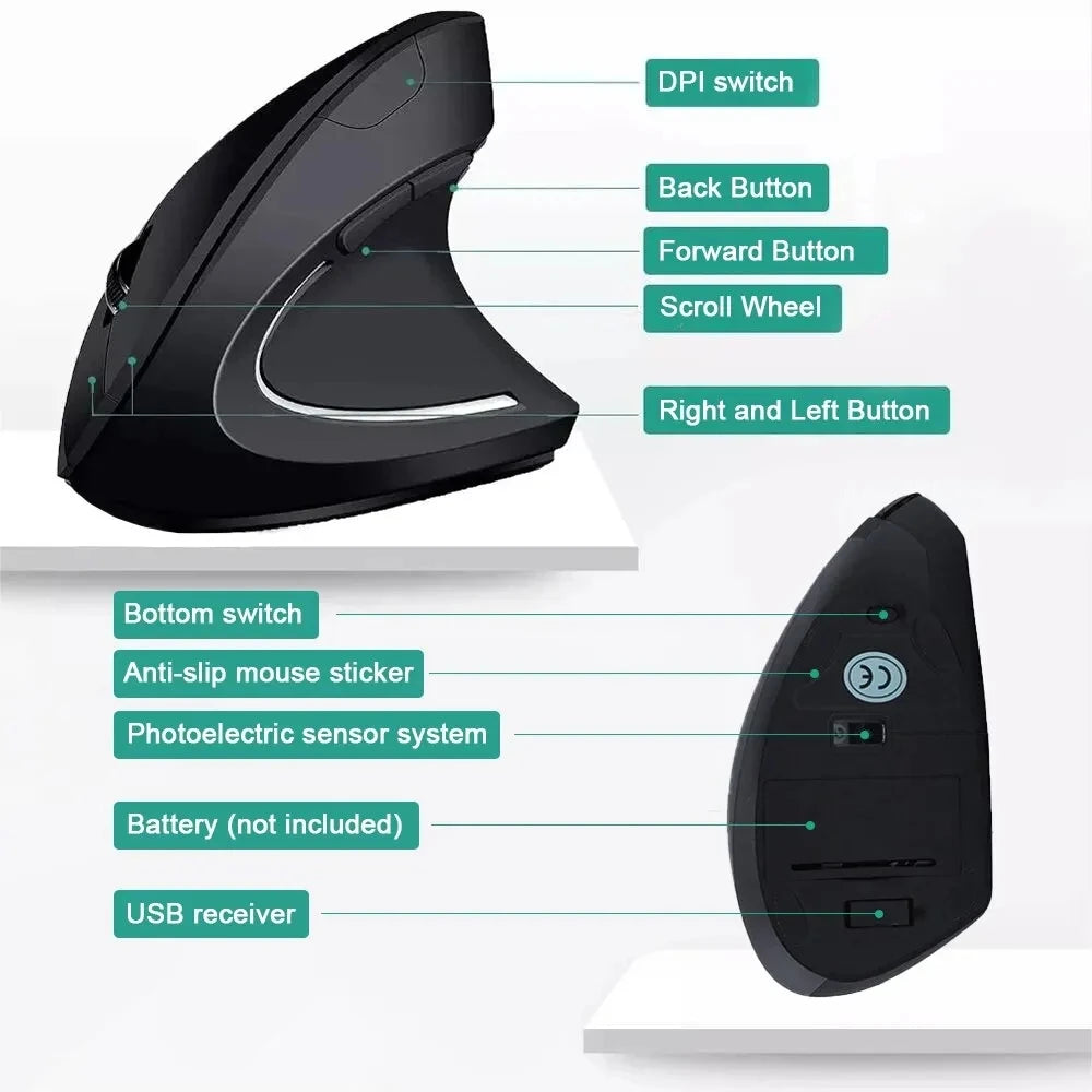 Ergonomic Vertical Wireless Mouse | 1600 DPI 6-Button Optical Sensor