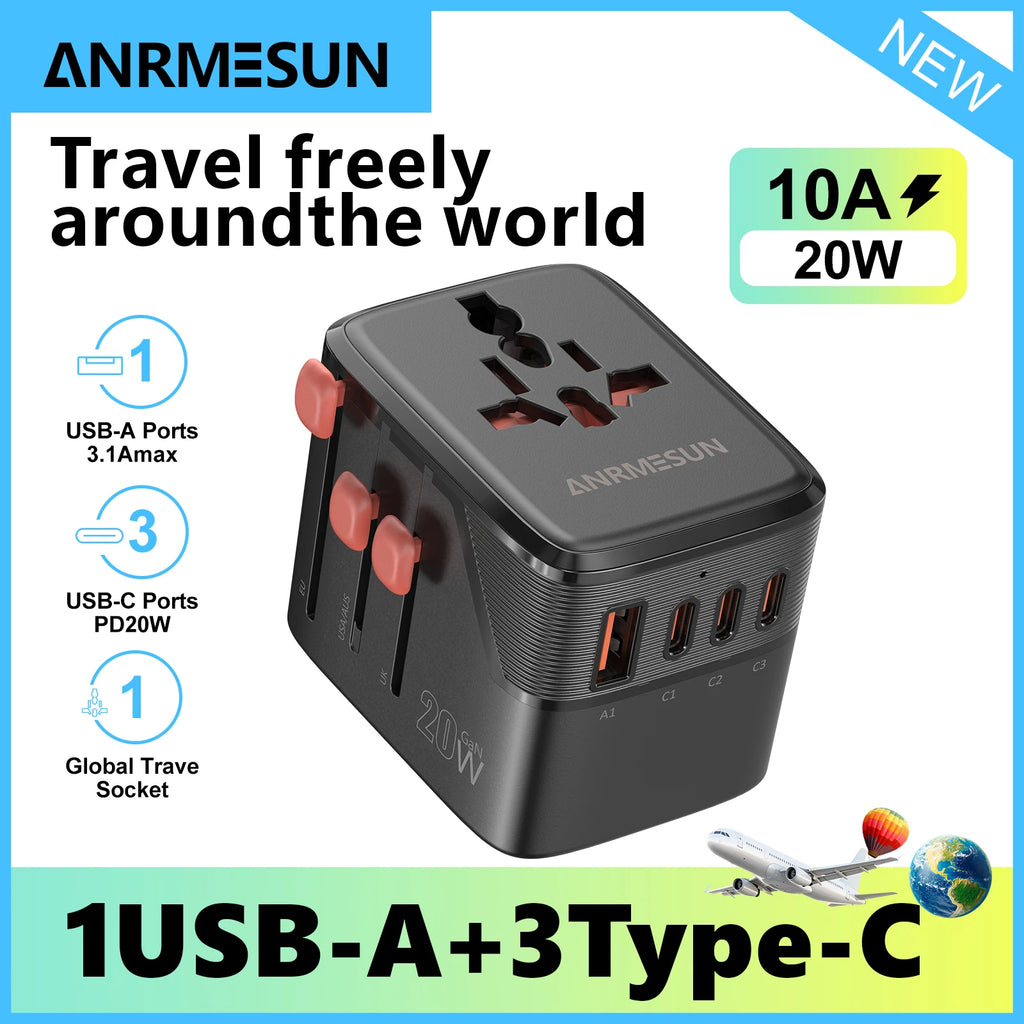 Universal Travel Adapter | International Plug Adapter US/UK/EU/AU | 2400W Power Hub with USB-C