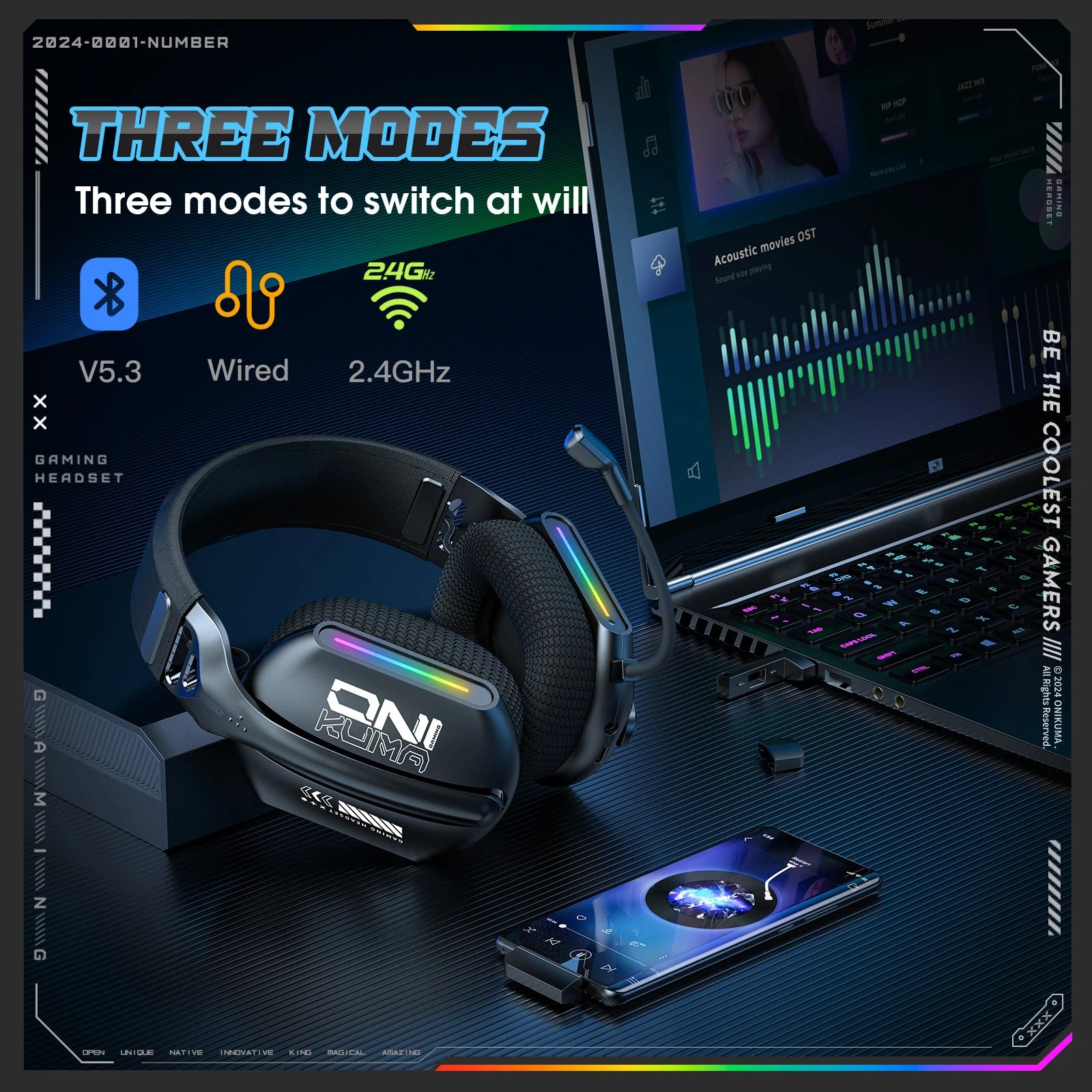Tri-Mode Wireless Gaming Headset | Bluetooth 5.3 2.4GHz & 3.5mm | ANC RGB Mic