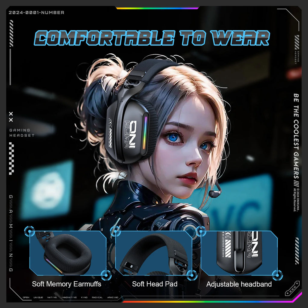 Tri-Mode Wireless Gaming Headset | Bluetooth 5.3 2.4GHz & 3.5mm | ANC RGB Mic