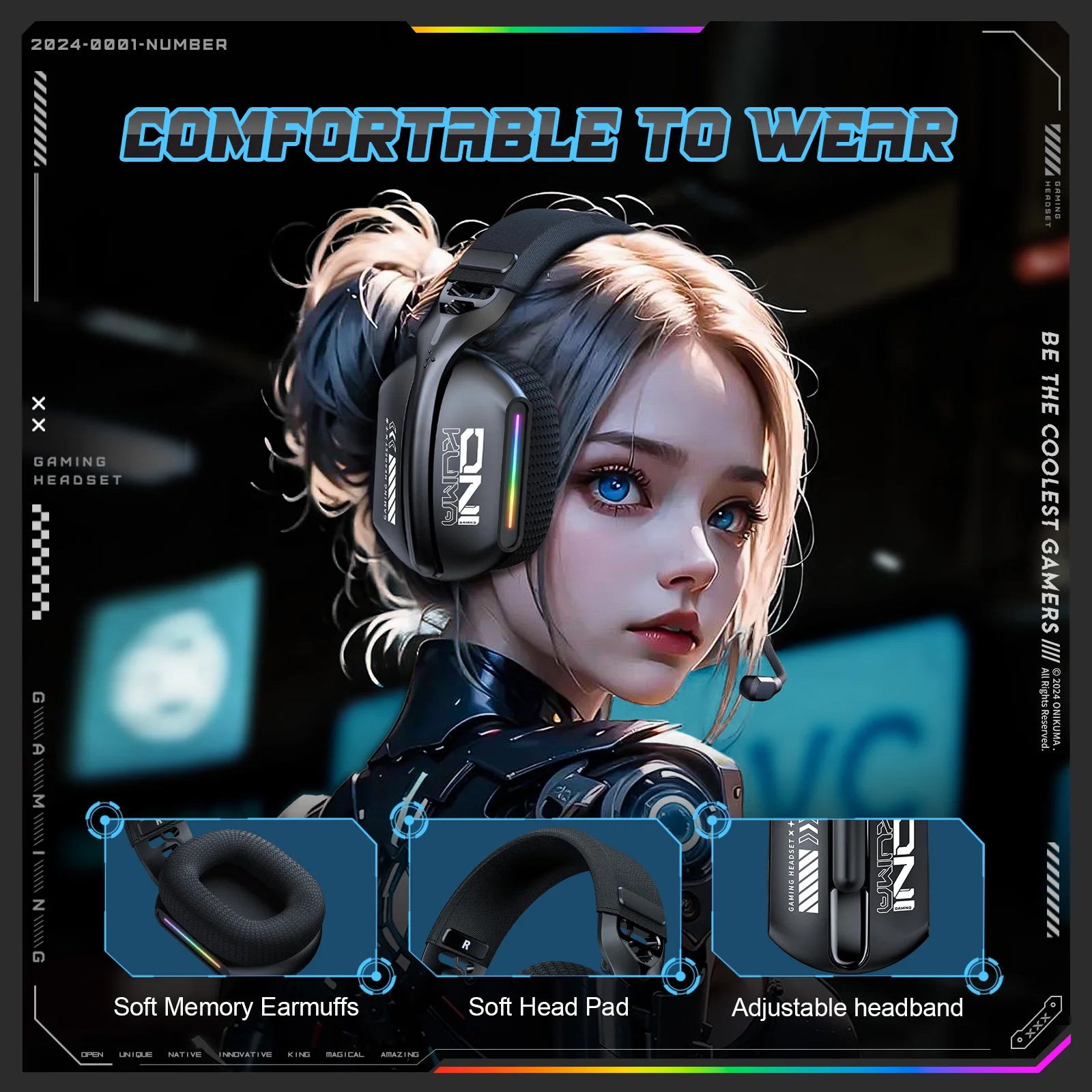 Tri-Mode Wireless Gaming Headset | Bluetooth 5.3 2.4GHz & 3.5mm | ANC RGB Mic