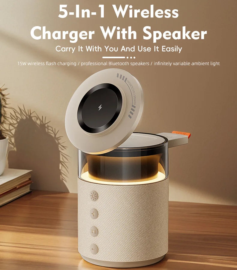 5-in-1 Magnetic Wireless Charging Station with Bluetooth 6.0 Speaker & Night Light | 15W Fast Charging Stand for iPhone, Apple Watch, AirPods | Stepless Dimmable Bedside Lamp