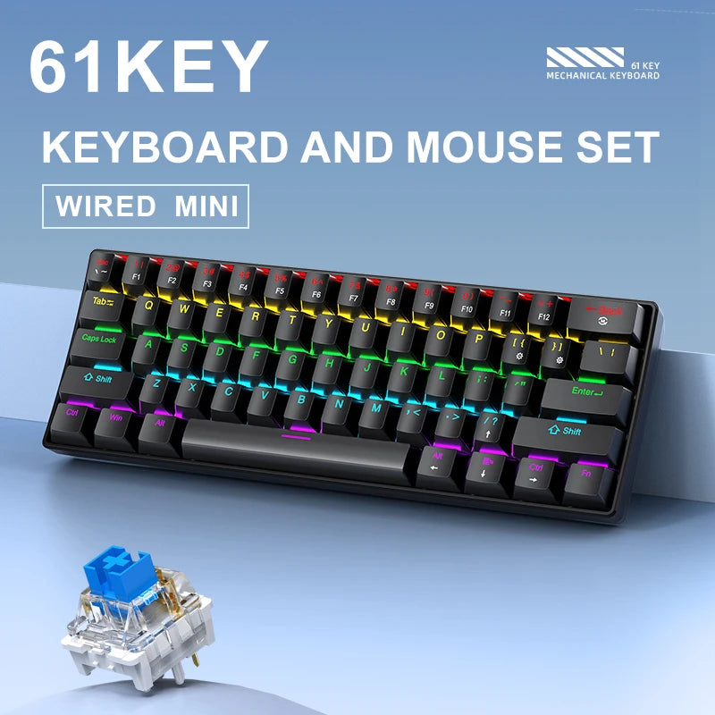 60% Mini Mechanical Gaming Keyboard | 61 Keys Ultra-Compact Wired Type-C Keyboard | Hot-Swappable Red/Blue Switches with RGB Backlit Translucent Keycaps