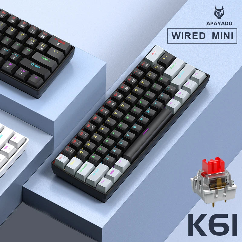 60% Mini Mechanical Gaming Keyboard | 61 Keys Ultra-Compact Wired Type-C Keyboard | Hot-Swappable Red/Blue Switches with RGB Backlit Translucent Keycaps