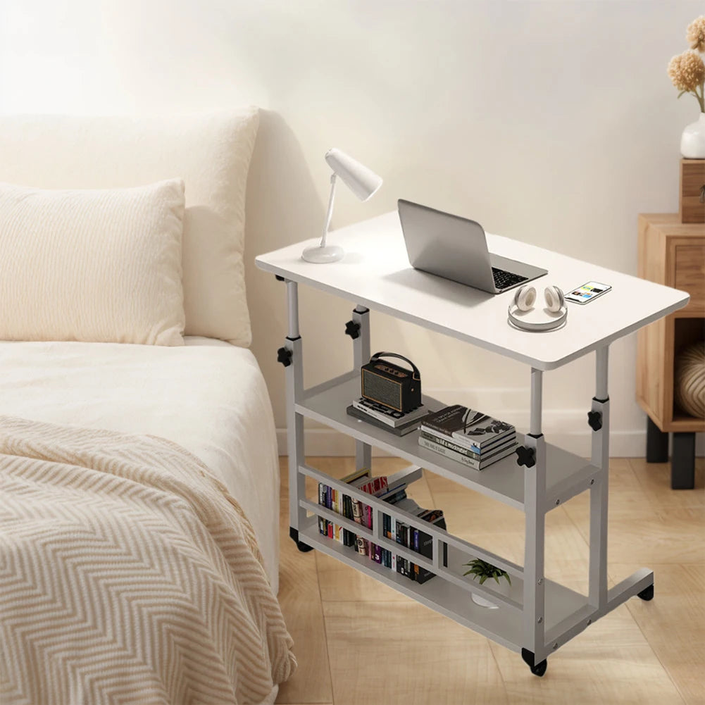 Adjustable Bedside Laptop Desk with Rolling Wheels Mobile Laptop Standing Desk Multi-Layer Storage Height Adjustable Laptop Desk
