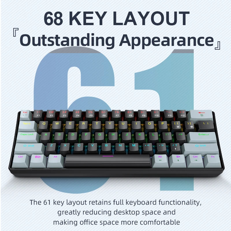 60% Mini Mechanical Gaming Keyboard | 61 Keys Ultra-Compact Wired Type-C Keyboard | Hot-Swappable Red/Blue Switches with RGB Backlit Translucent Keycaps