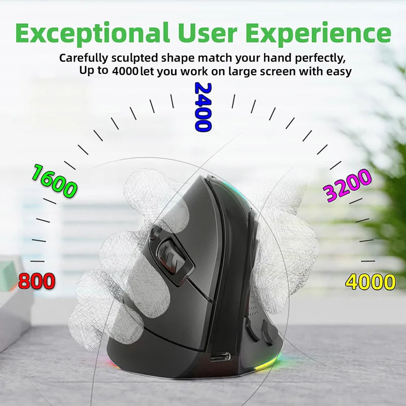 Vertical Wireless Mouse | 9 Buttons Bluetooth 5.1 & 2.4GHz | 4000 DPI Silent RGB