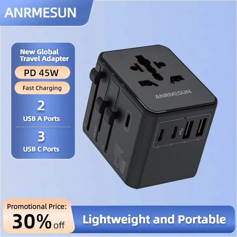 Universal Travel Adapter | International Plug Adapter US/UK/EU/AU | 2400W Power Hub with USB-C