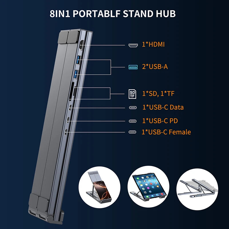 8-in-1 USB-C Hub Laptop Stand | 100W PD Power Delivery, 4K HDMI, 2x USB 3.1, SD/TF Card Reader | Ergonomic Aluminum Foldable Docking Station