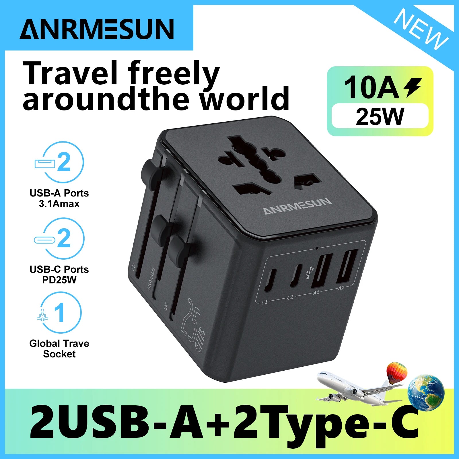 Universal Travel Adapter | International Plug Adapter US/UK/EU/AU | 2400W Power Hub with USB-C