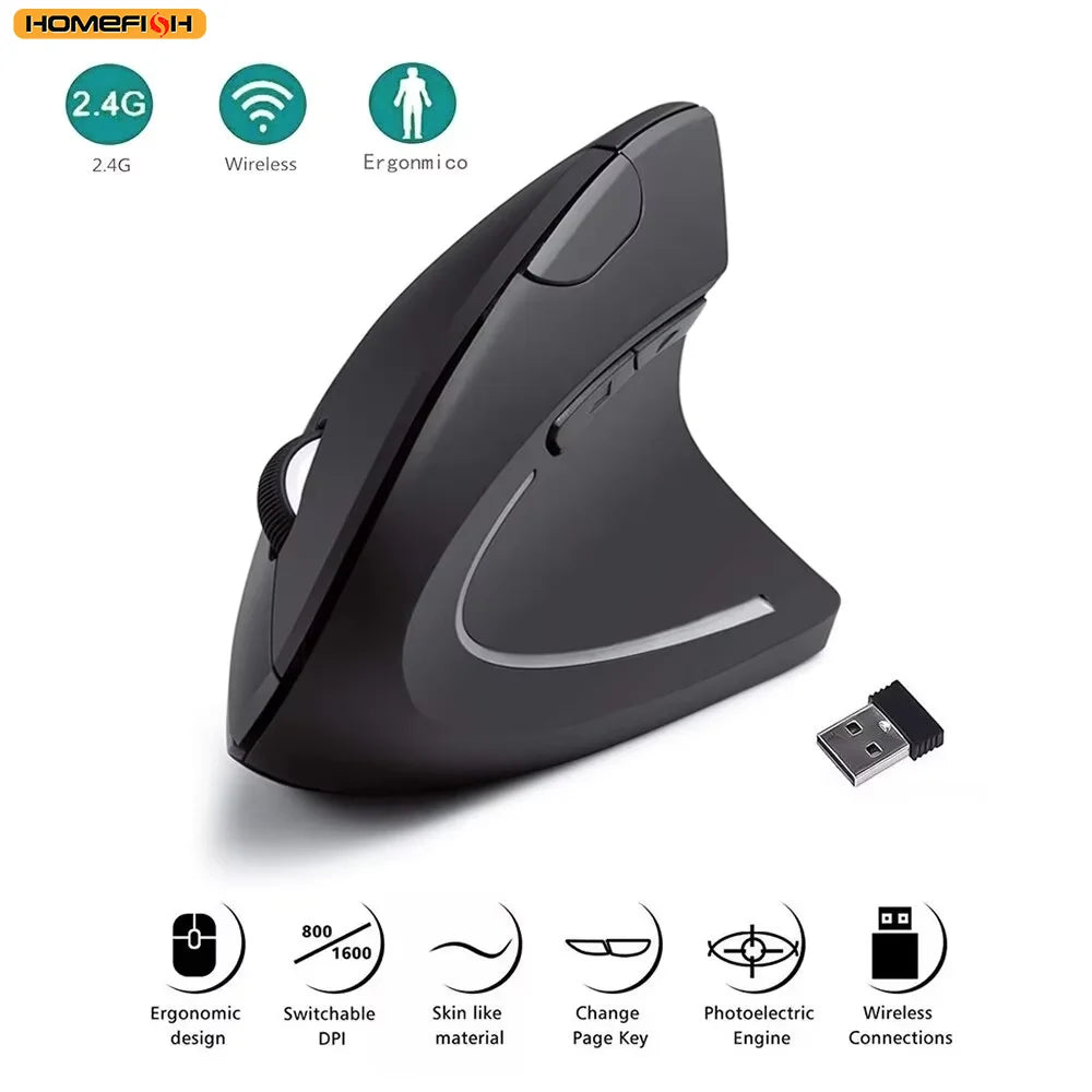Ergonomic Vertical Wireless Mouse | 1600 DPI 6-Button Optical Sensor