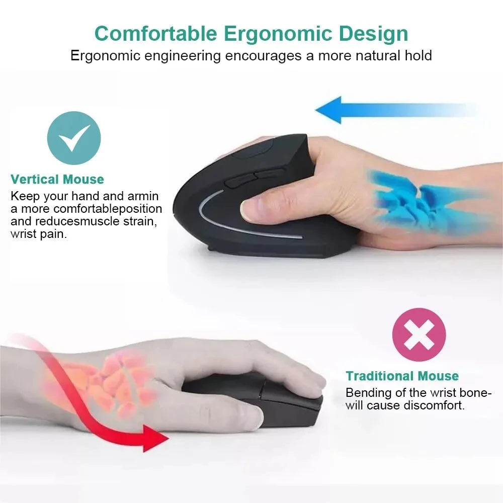 Ergonomic Vertical Wireless Mouse | 1600 DPI 6-Button Optical Sensor