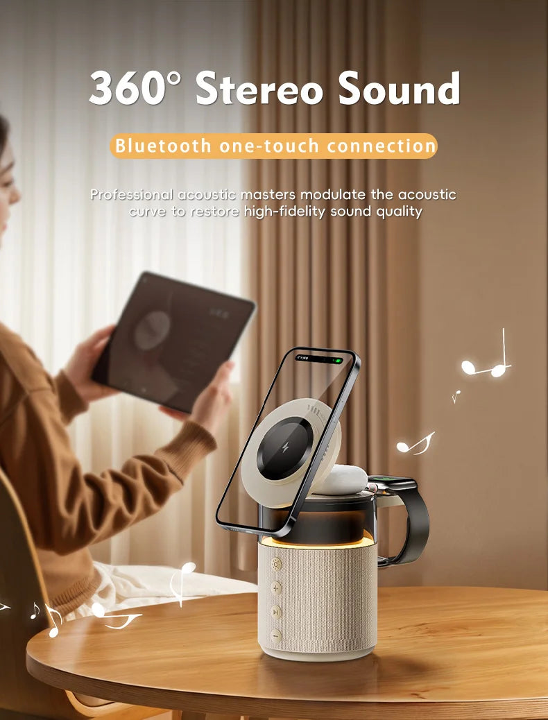 5-in-1 Magnetic Wireless Charging Station with Bluetooth 6.0 Speaker & Night Light | 15W Fast Charging Stand for iPhone, Apple Watch, AirPods | Stepless Dimmable Bedside Lamp