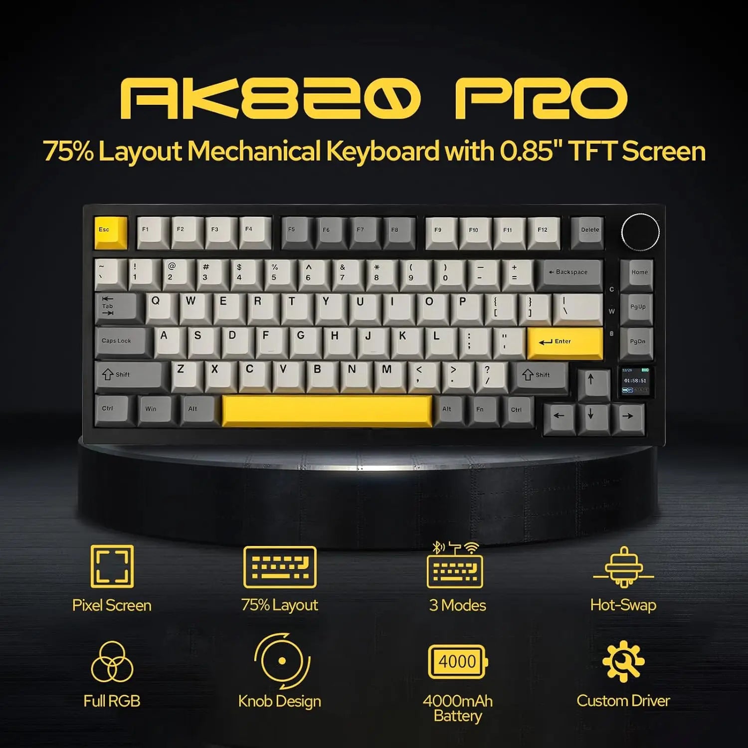 75% Gasket Mounted Mechanical Keyboard with TFT Smart Display | Tri-Mode Wireless (Bluetooth/2.4G/USB-C) | Hot-Swappable Custom Linear Switches & 4000mAh Battery