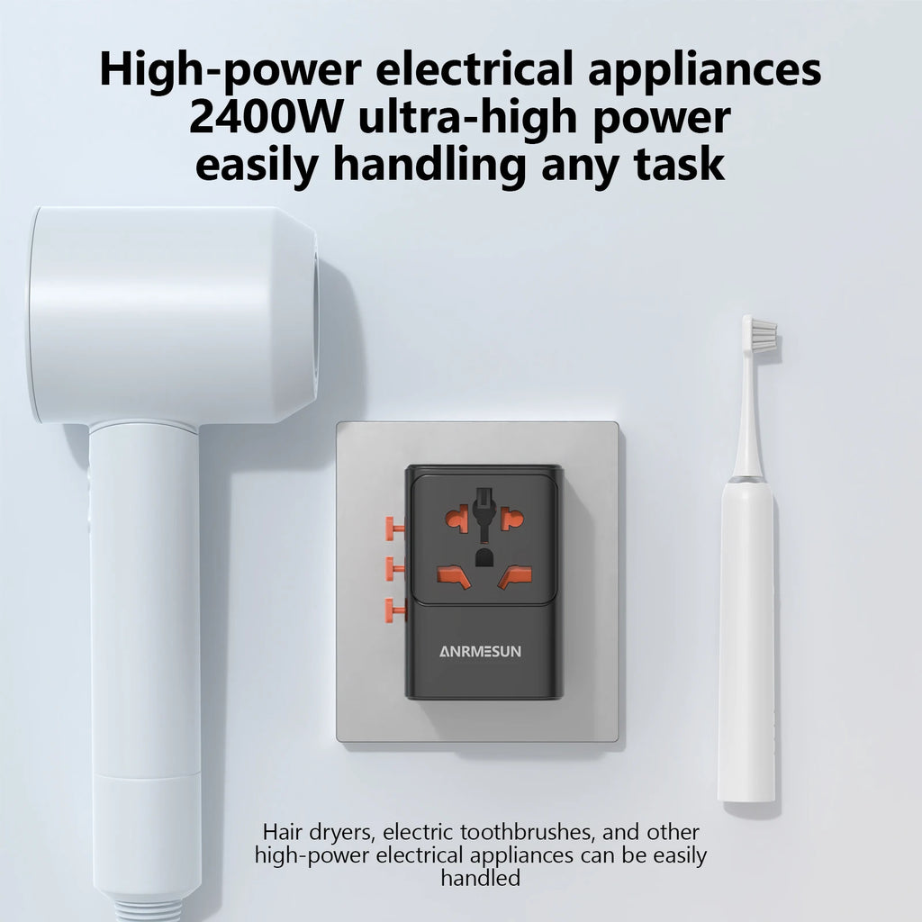 Universal Travel Adapter | International Plug Adapter US/UK/EU/AU | 2400W Power Hub with USB-C